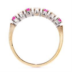 9ct gold ruby and diamond seven stone half eternity ring, alternate set with round brilliant cut diamonds and rubies, hallmarked, total diamond weight 0.15 carat