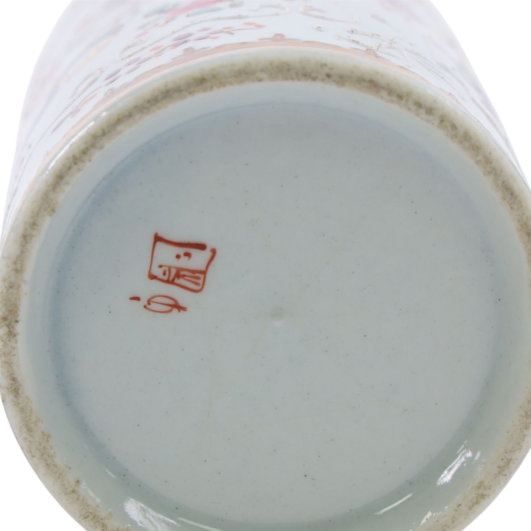 19th century German green glass stein, enamel decorated with a gentleman holding a stein, with a pewter lid, together with another smaller example decorated with a coat of arms and a Sampson style tankard