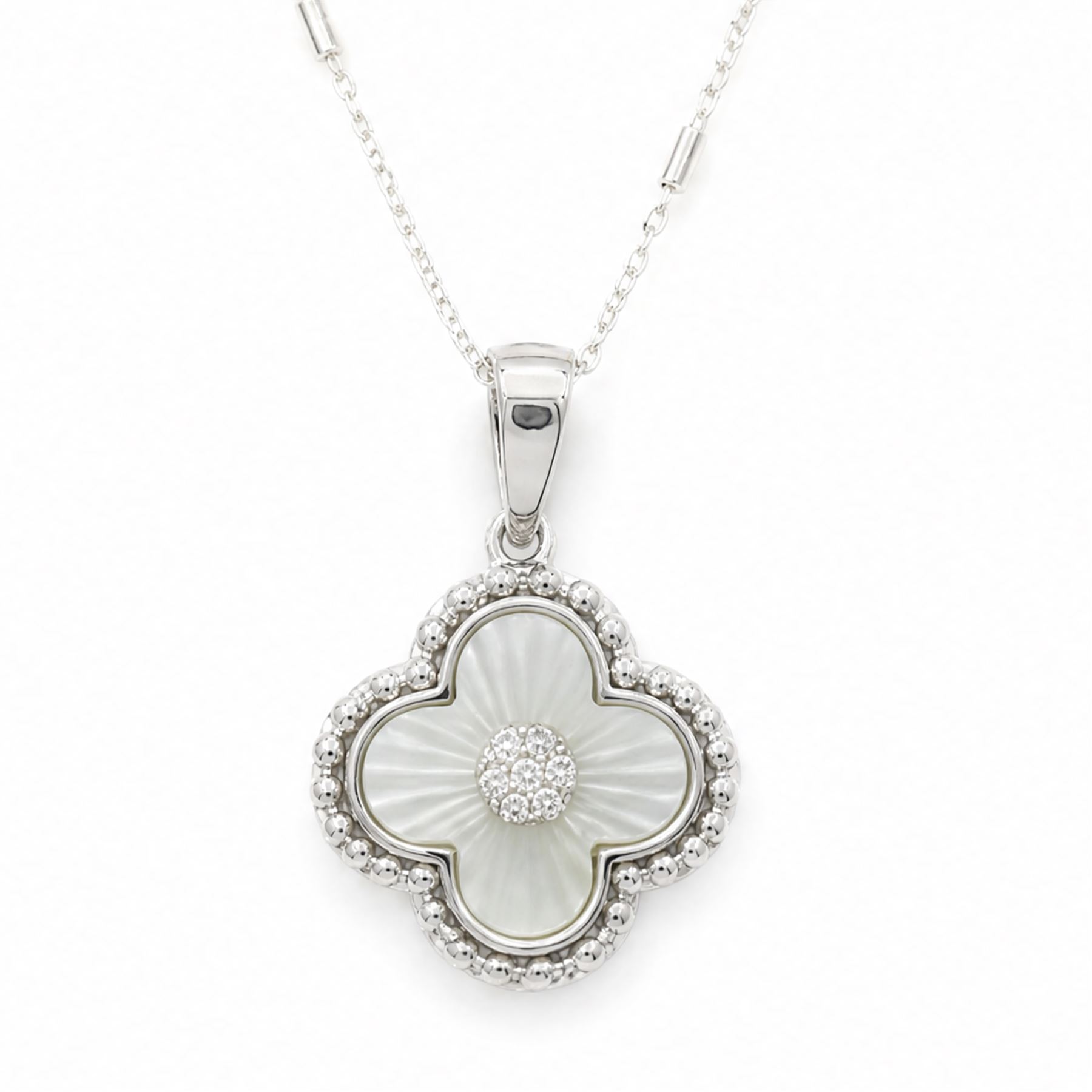 Silver cubic zirconia and mother of pearl flower head pendant necklace, stamped 925
