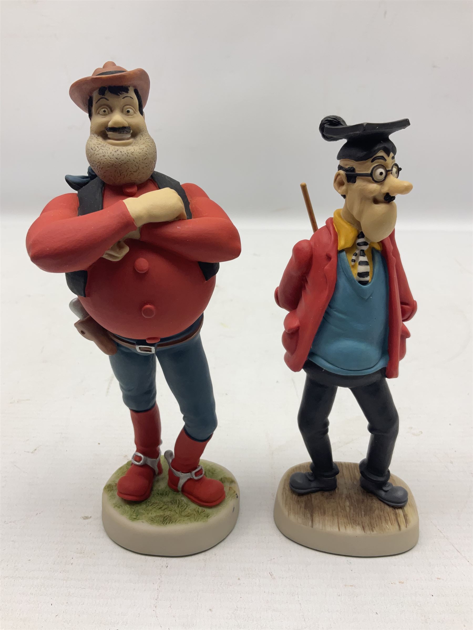 Thirteen Robert Harrop figures from the Beano Dandy collection, comprising Yo-Yo Collectors Piece 1996, Desperate Dan BD03, Cuthbert Cringeworthy BD08, Teach BD06, 'Erbert BD14, Toots BD12, Winston BD17, Fatty BD07, Dennis The Menace BD01, Dennis the Menace Fishing BD806, Sydney BD13, Wilfrid BD15 and Plug BD11