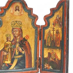 19th century Greek Orthodox Triptych Eikon (Icon), the central shaped arch panel depicting the Madonna and Child with Jesus above, the flanking hinged panels painted with St George, St. Demetrius of Thessaloniki and other Saints, parcel-gilt and tempera on panel, H25cm
