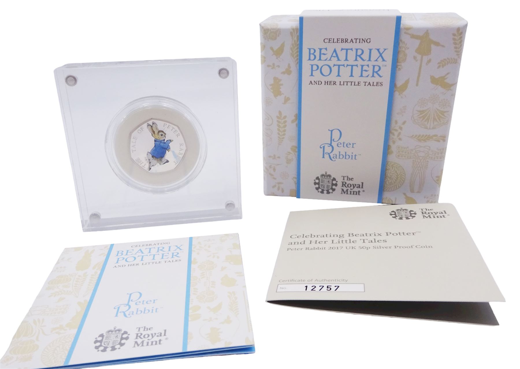 Three The Royal Mint United Kingdom Beatrix Potter silver proof fifty pence coins, 'Benjamin Bunny', 'Mrs Tittlemouse' and 'Peter Rabbit' all cased with certificates