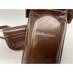 Franke & Heidecke Synchro-Compur Rolleiflex camera, twin lens camera, serial number 2447615, with viewing lens '1:2.8/80 Heidosmat No. 857174', Taking Lens '1:2.8/80 Carl Zeiss Planar No. 4189283', in leather case