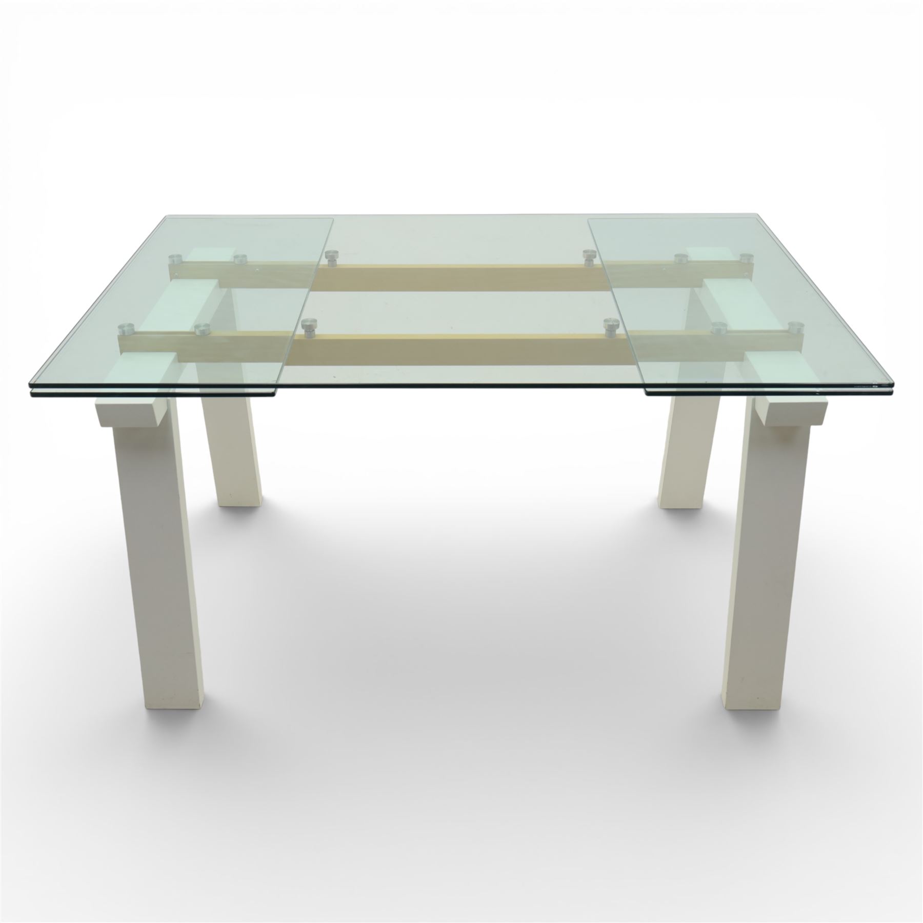 Calligaris - Connubia dining suite, comprising a 'Zeffiro' glass extending dining table and eight 'Academy' chairs, rectangular clear glass top with twin extension leaves extending to 220cm, mounted on white and ochre metal supports with central stretcher, together with eight matching moulded dining chairs with shaped seats and tapered legs