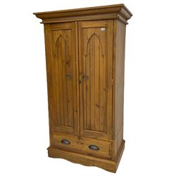 Pine double wardrobe with drawer to base