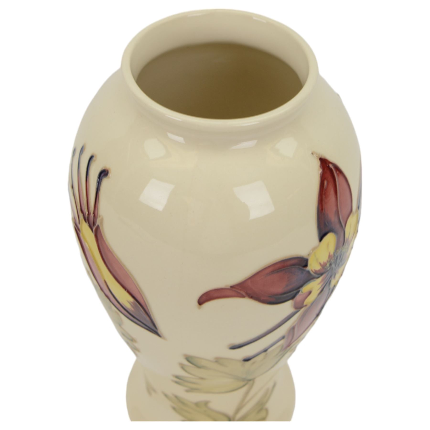 Moorcroft Columbine pattern vase, of baluster form on a cream ground, H26cm