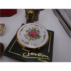 Minton table lighter decorated with a leaping salmon, signed T.Lee, with Ronson lighter mechanism, boxed, together with a Ronson Varaflame lighter, Stratton compact mirror, collection of Wade whimsies and a miniature Gemma teaset