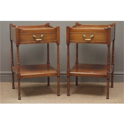  Pair Georgian style mahogany bedside/lamp tables, raised sides, single drawers, turned supports joined by an under tier, W41cm, H68cm, D68cm   