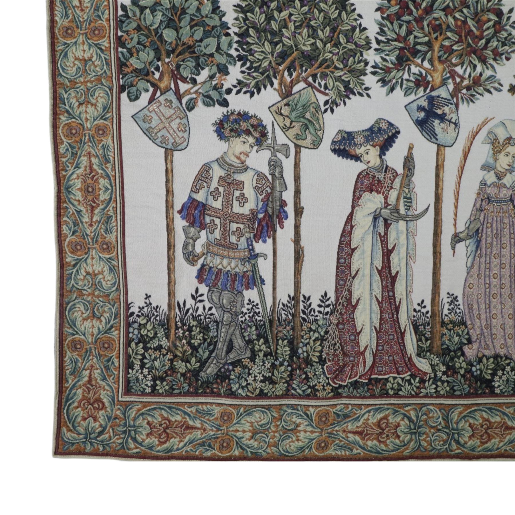 La Manta tapestry wall hanging, by Hines of Oxford, after teh 1420 fresco by Giacomo Jaquerio in the great hall at Casello Della Manta, H65cm, L130cm