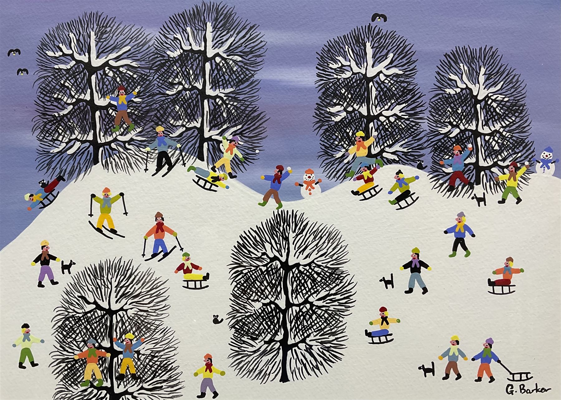 Gordon Barker (British 1960-): 'Out in the Snow what Fun', acrylic on paper signed 25cm x 34cm