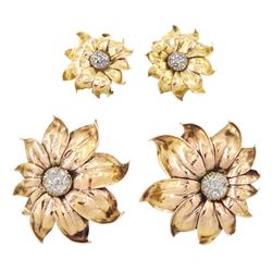 Pair of Hungarian rose gold diamond flower head hair clips, each set with a cluster of sev...