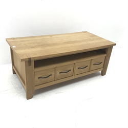 Rectangular oak coffee table, single undertier above two drawers, stile supports, W118cm, H46cm, D59cm