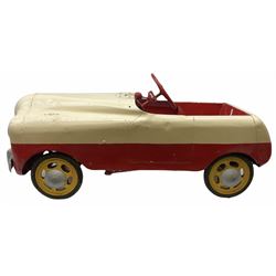 1950s child's tin-plate pedal car, possibly by Tri-ang, painted white and red and named 'Crusader' L104cm