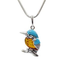 Silver Baltic amber and turquoise kingfisher pendant necklace, stamped 925
