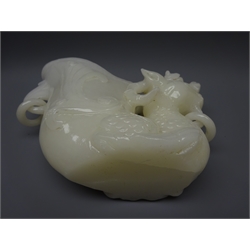  Chinese Jade libation cup, with dog of fo and ring loop suspension handles, L18cm x H14cm   