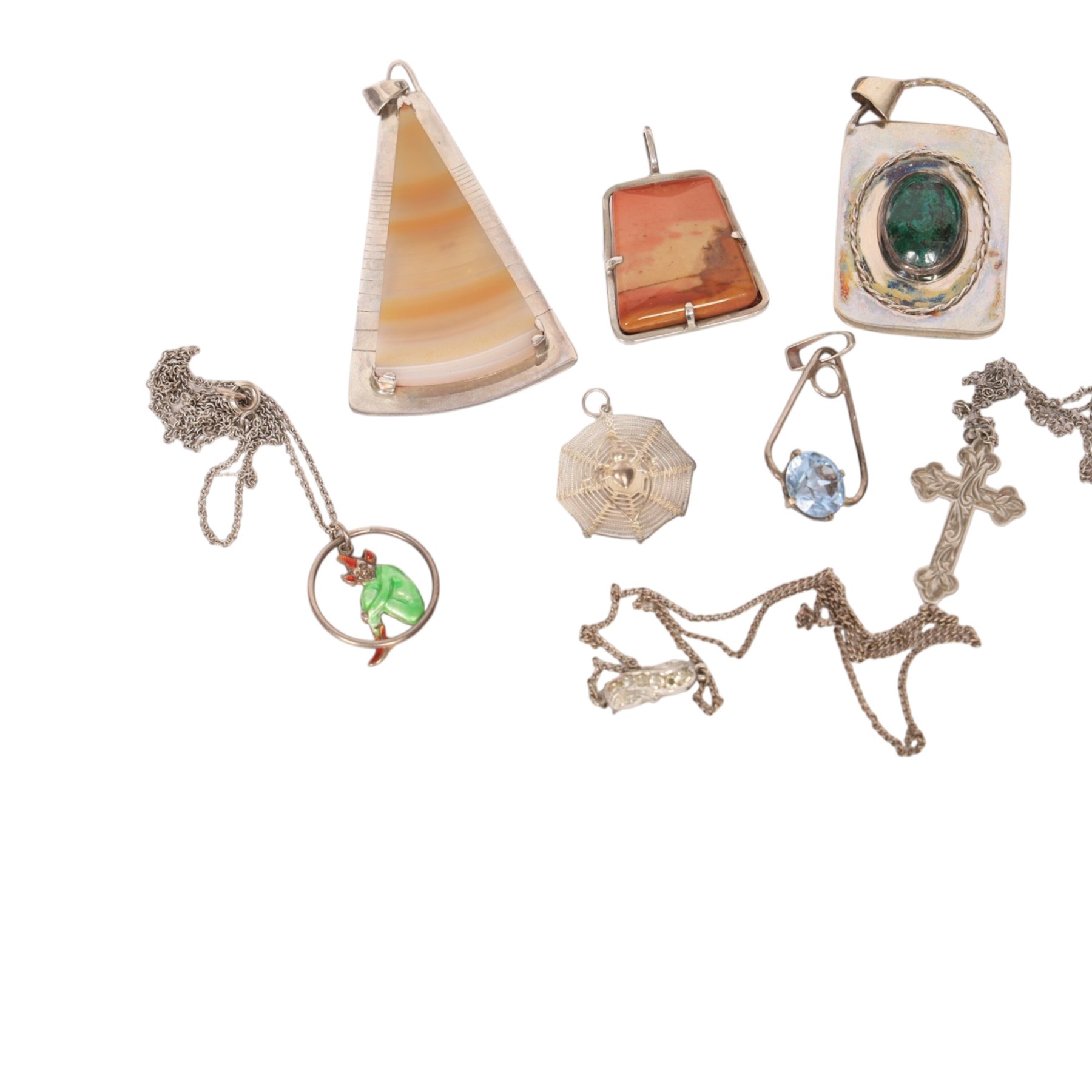 Silver jewellery, including hockey medal pendant, spider necklace, stone set pendants, cross pendant and a pair of Liberty cufflinks