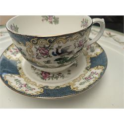 Large Furnival meat platter, the ribbon border decorated with swallows and flowers, two cabinet plates, with printed and painted floral decoration on a turquoise border, with Minton backstamp and a Bisto oversized cup and saucer