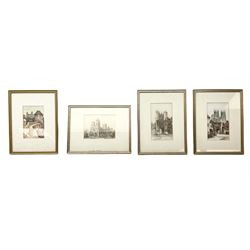 Four framed and glazed pencil sketches, of buildings and street scenes, each approximately overall 32.5cm x 25cm