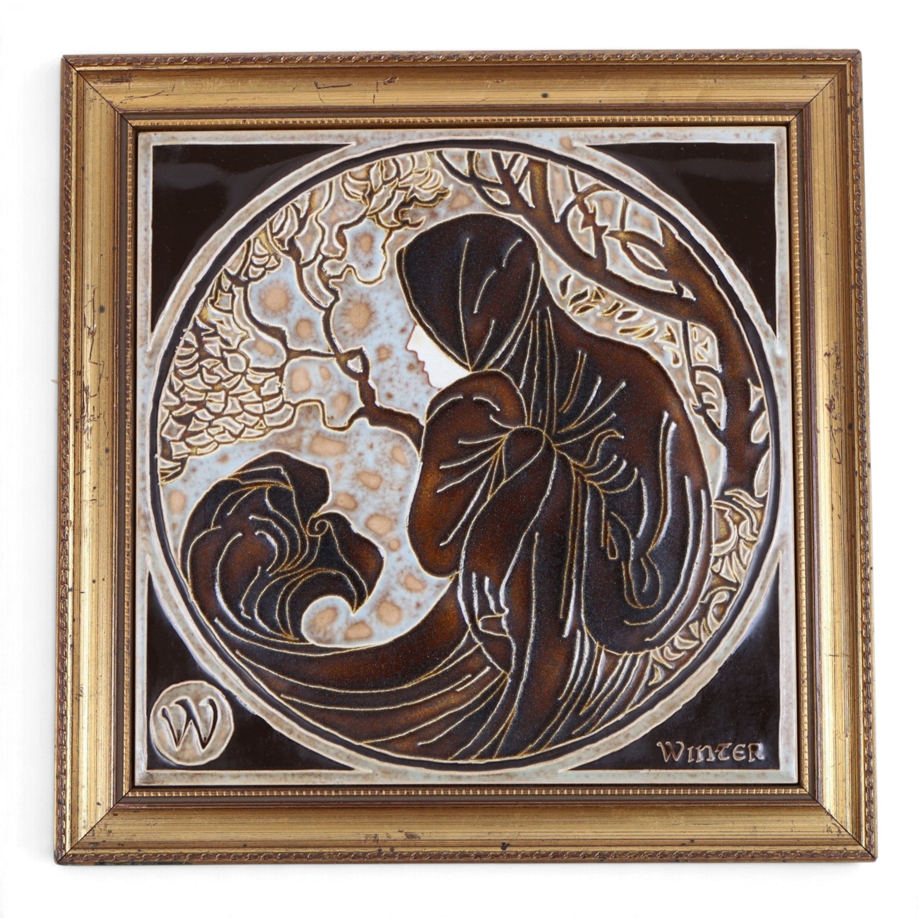 Set of Maw & Co tiles, The Four Seasons: Art Nouveau in style and a similar framed set of five green tiles