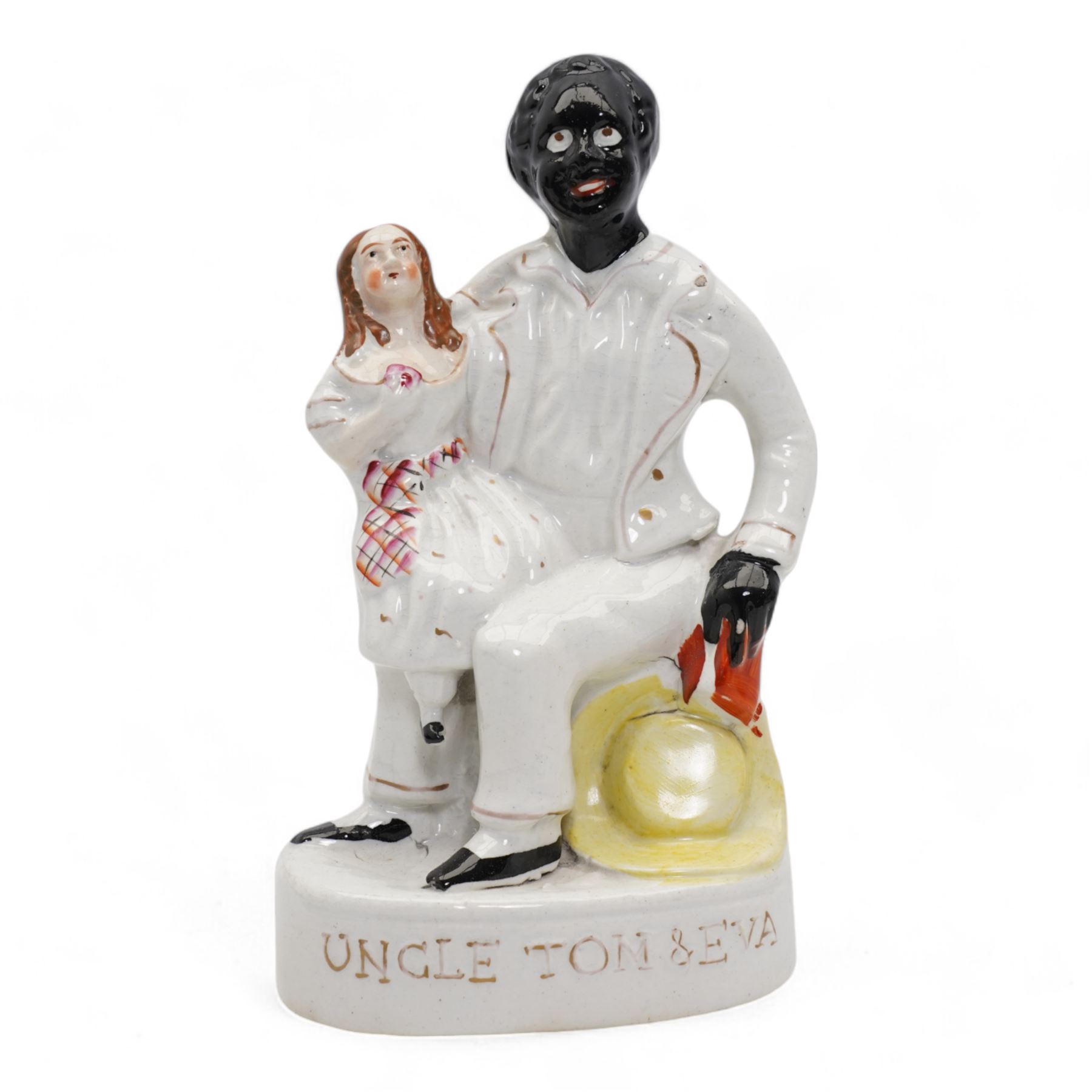 Victorian and later Staffordshire flatbacks, spill vases and figures including 'Gipsy Boy', two modelled as 'Marquess of Lorne and Princess Louise', 'Uncle Tom & Eva', 'Paul & Virginia' and other models, H33cm max (12)