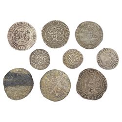 Collection of nine hammered silver coins including Edward III (1327-77) groat, Elizabeth I 1567 halfgroat etc, some having been severely bent and re-flattened 