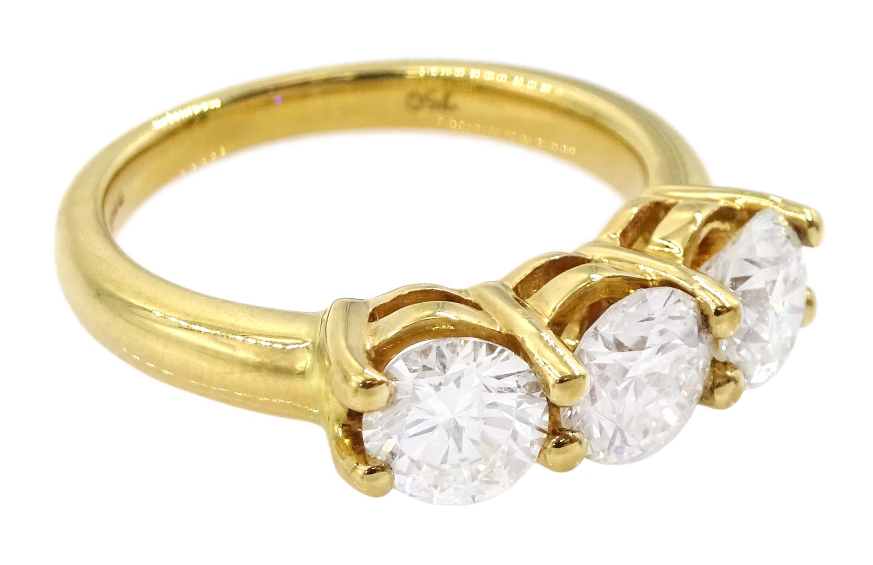 18ct gold three stone round brilliant cut diamond ring, hallmarked, total diamond weight approx 1.80 carat