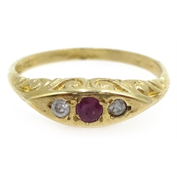  Three stone ruby and diamond gold ring, hallmarked 9ct  