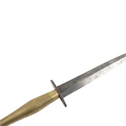 Fairbairn Sykes Fighting Knife, the 17cm double edged blade etched to the ricasso 'F-S Fighting Knife', brass checkered grip with steel ball pommel nut, overall L29cm