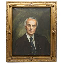 Brenda Bury (British 1932-): Members of European Parliament - 'Sir Stanley James Allen Hill' 'Sir Douglas Dodds-Parker' 'Sir William John Peel' 'Sir Brandon Meredith Rhys-Williams 2nd Baronet' 'Sir Tom Normanton' and 'John Hill MP', set of six oils on canvas signed with initials, in matching frames, 76cm x 59cm (6) Provenance: Property of a Nobleman.