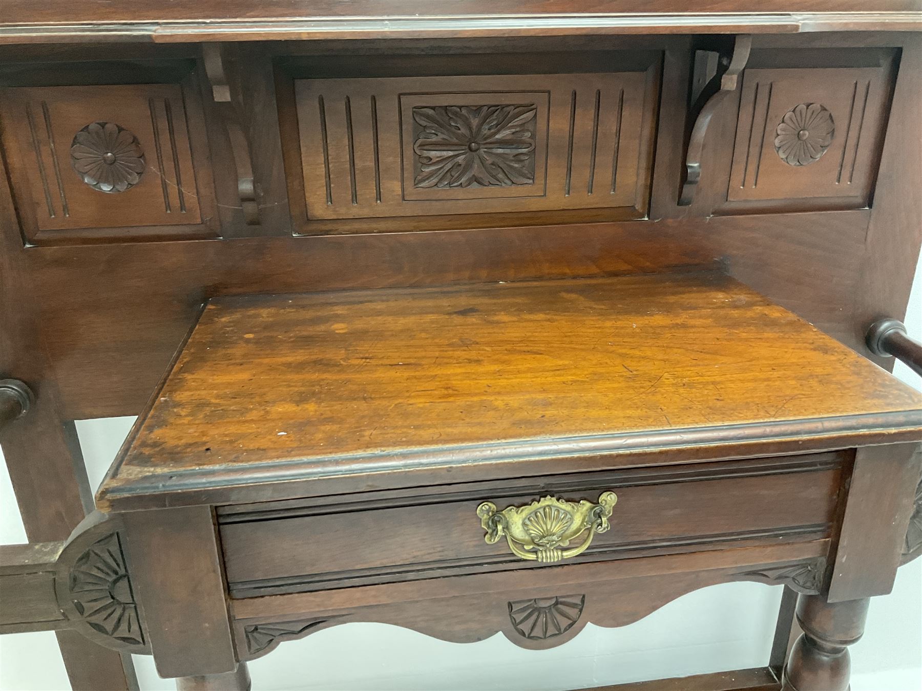 Victorian mahogany hall stand, raised bevel edge mirror back, single drawer, solid undertier joined by turned supports