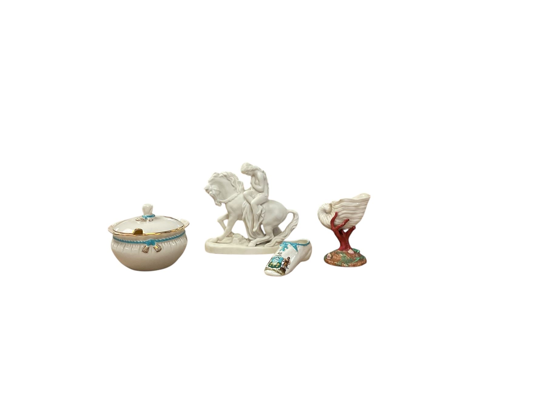 W H Goss Parian figure of Lady Godiva, together with Marmalade dish and cover, shoe and shell vase