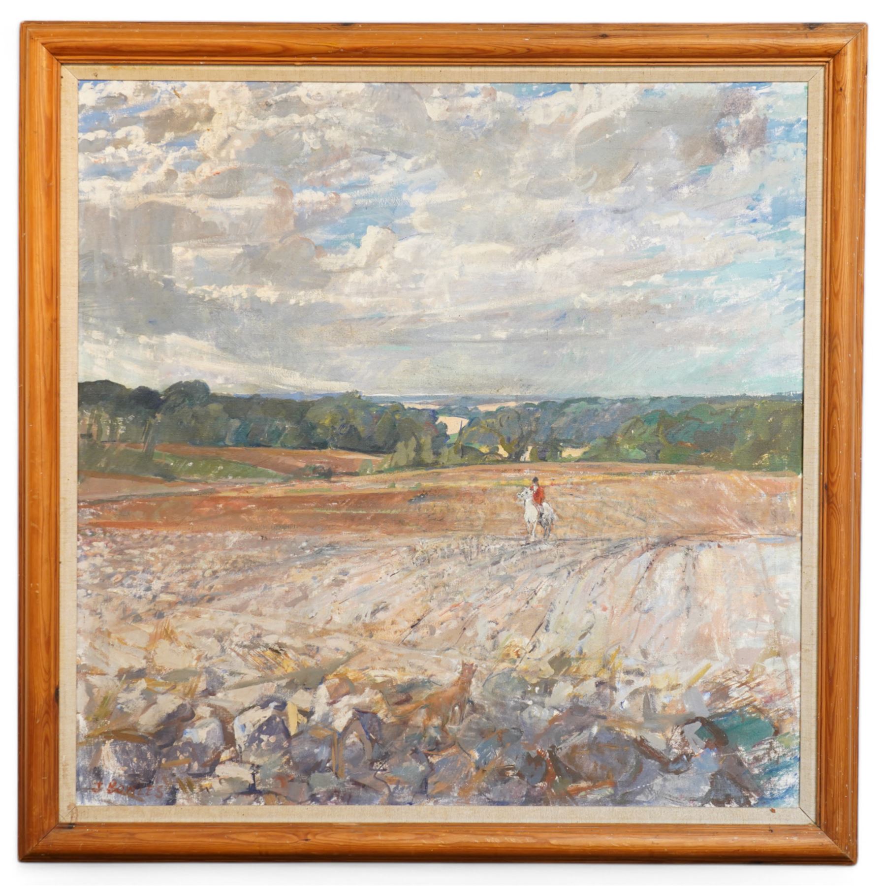 John Gilbey Bowles (British 1929-2011): 'The Challenge' - Fox and Hunter, oil on canvas signed, titled on artist's label verso 95cm x 95cm