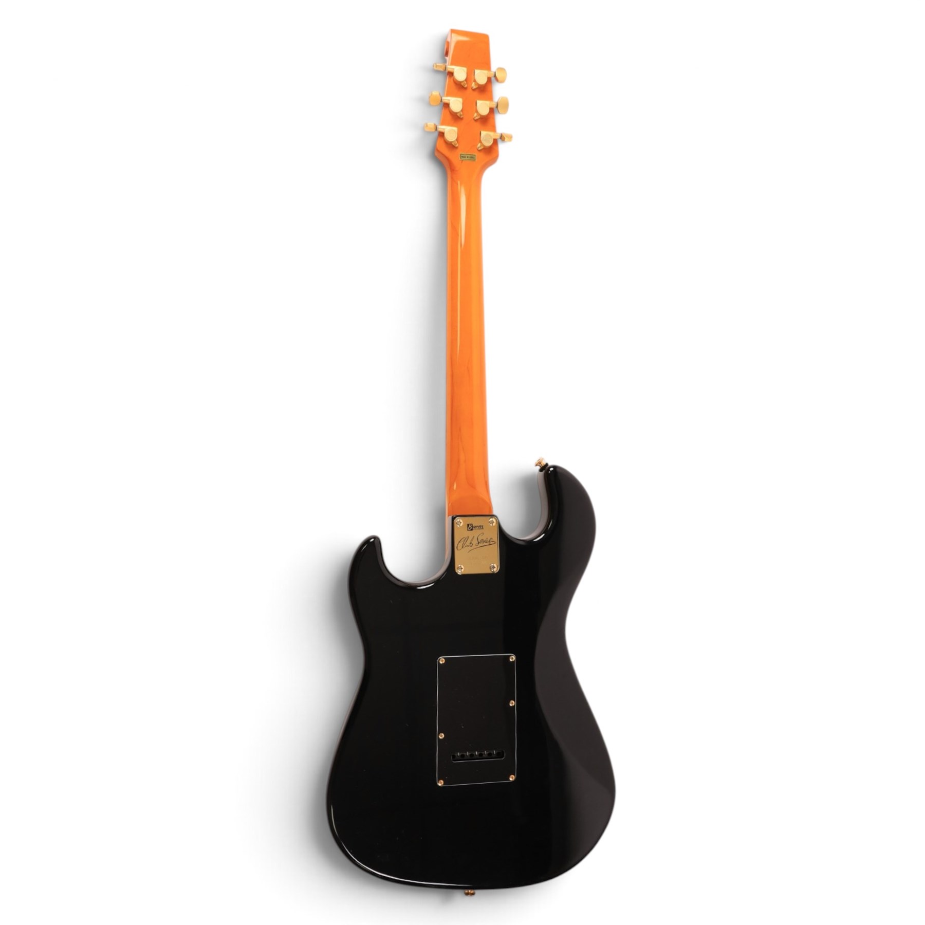 Burns Club Series Marquee electric guitar, serial no. 2070044, circa   early 2000s, black gloss body with marbled metallic blue scratch plate, in a Stagg soft case, guitar L99cm
