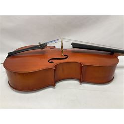 3/4 size cello with soft case, 69cm back length, 114cm full length, with bridge, ebonised tail piece and fingerboard.