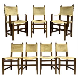 Hedgehogman - set of seven (5+2) safari design dining chairs, with leather slung back and seats, raised on square tapering supports united by stretchers, carved with hedgehog signature to outer stretcher, by Nick Hill, Brompton