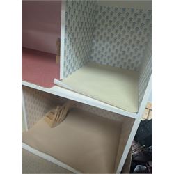 Two storey modern dolls house, with a collection of dolls house furniture and accessories, dolls house H66cm