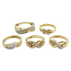 Five 9ct gold diamond chip rings, hallmarked or tested