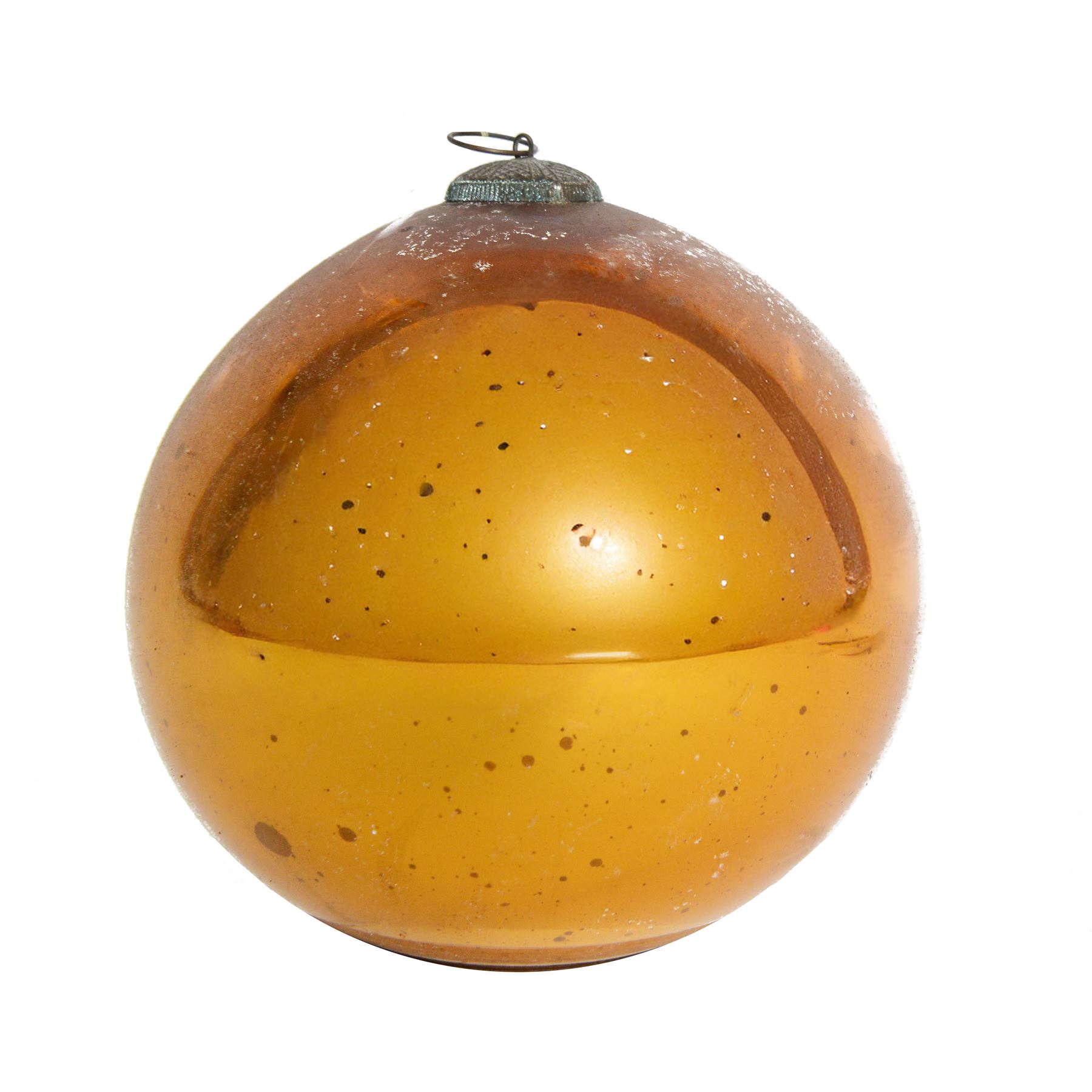 Two gold coloured glass witches ball, one with bottle neck, the other with metal hanging pendant, largest D18cm