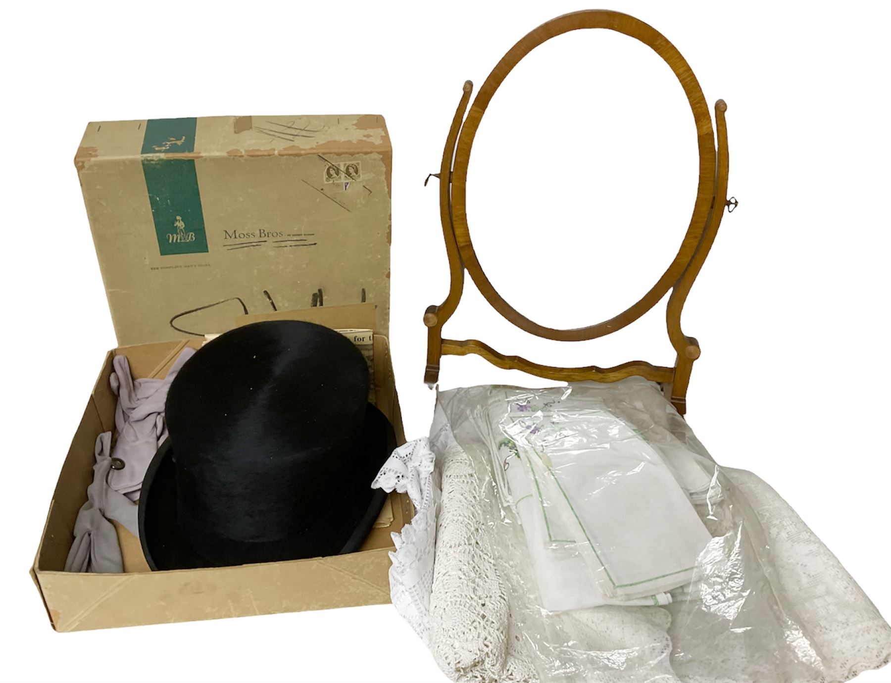 1960s Moss Bros black top hat, together with a wooden swing dressing table mirror and a collection of embroidered and other linen 