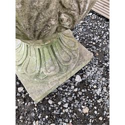 Cast stone urn, moulded rim leaf decorated body, moulded footed base on square plinth - THIS LOT IS TO BE COLLECTED BY APPOINTMENT FROM DUGGLEBY STORAGE, GREAT HILL, EASTFIELD, SCARBOROUGH, YO11 3TX