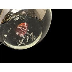 Murano glass cat and figure ina hat, together with tow valletta glass paperweights and bird glass paperweight, cat H20cm 