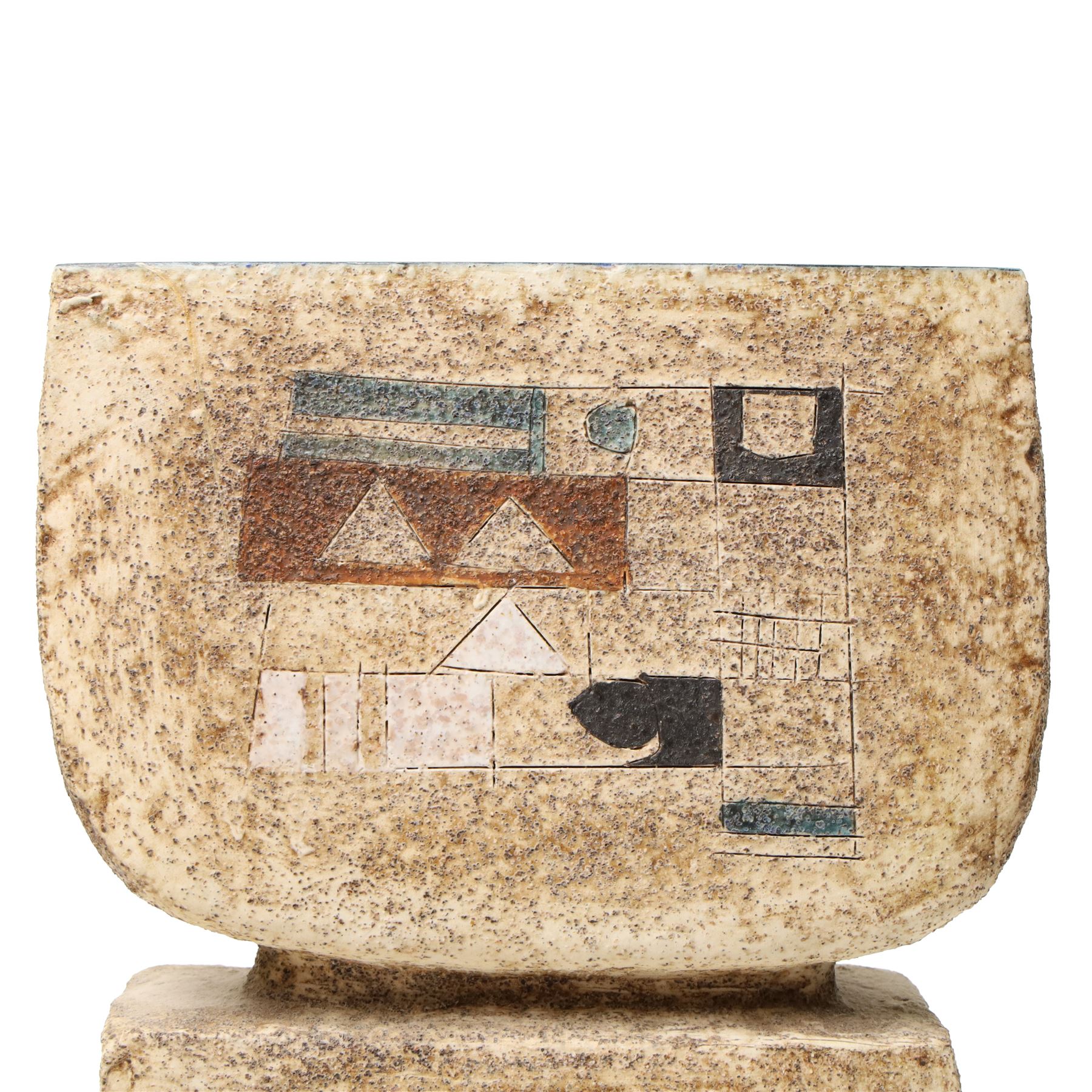 Sylvia Vallance for Troika - large c1970s Double Bass vase, of rectangular and rounded section, decorated to opposing faces with raised, impressed and incised geometric motifs in typical colours, painted 'Troika - St Ives' mark and artists monogram to base, H35.5cm
