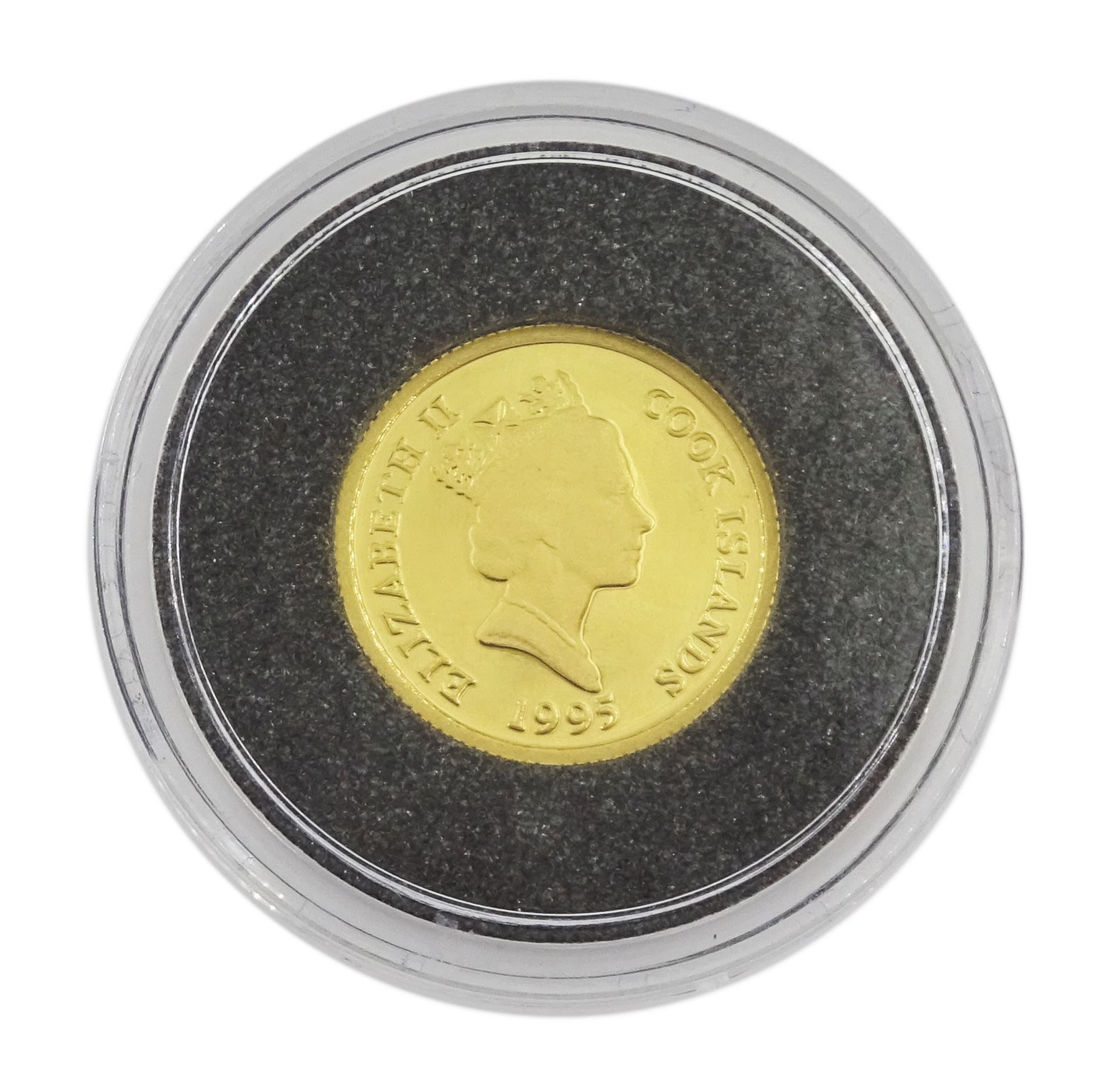 Queen Elizabeth II Cook Islands 1995 fine gold 1/25 ounce 'Moonlanding' coin from 'The Smallest Gold Coins of the World Collection', with certificate