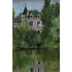 Louis Auguste Chevalier (French c.1865-?): Chateau by the Lake, oil on canvas signed 39cm x 26cm