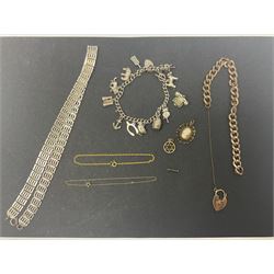 9ct gold jewellery including stone set rings, two chain bracelets and a star pendant, together with an 8ct gold red stone set eternity ring, 9ct gold and silver paste ring, 14ct gold twist band ring, gold plated bracelet with 9ct gold clasp and silver jewellery including charm bracelet, cameo bracelets and a gate link necklace, in a leather travelling case