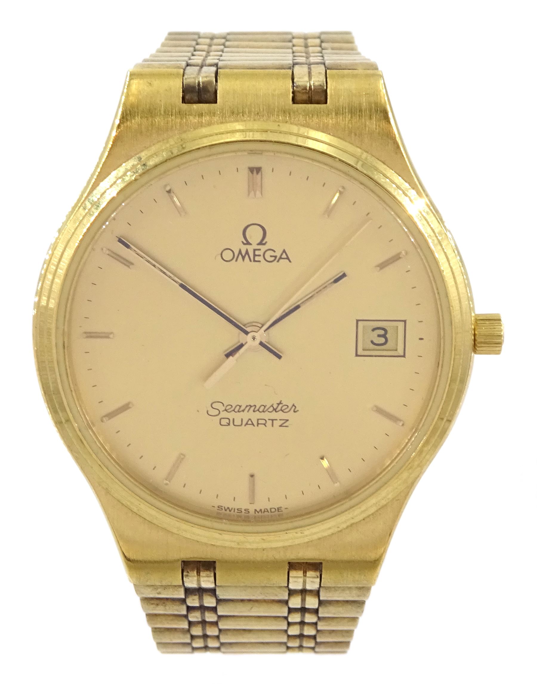 Omega gentleman's gold-plated and stainless steel quartz wristwatch, 196 0235, champagne dial with baton hour markers and date aperture, on original Omega gold-plated bracelet, with fold-over clasp