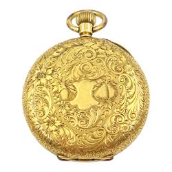 Early 20th century 18ct gold open face keyless cylinder pocket watch, white enamel dial with Roman numerals, back case with engraved foliate decoration and empty cartouche, stamped 18K with Helvetia hallmark