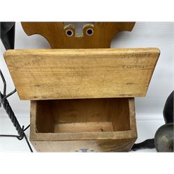 Wooden candle box, together with two barley twist candlesticks, carved duck and other collectables 