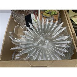 Dartington Crystal glass flower bowl, together with four similar smaller examples, two Orrefors glass bowls, collection of glass decanters, including Dartington and painted example, etc