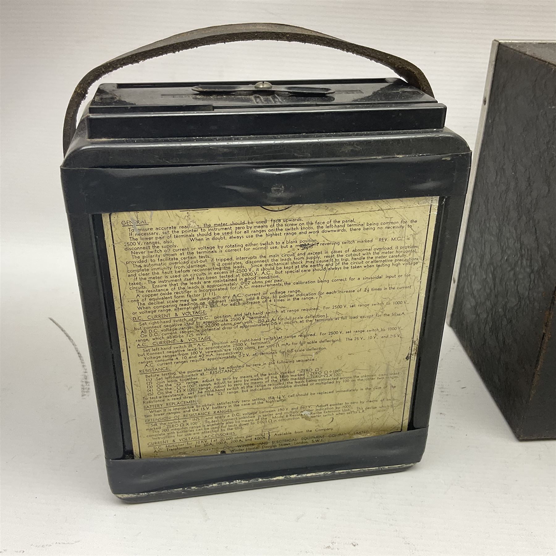 Collection of electrical testing equipment, to include The Automatic Coil Winder & Electrical Equipment Company Ltd Universal Avometer and Universal Avominor, Ross RE-177M ohm meter, British Physical Laboratories Universal Bridge model RS700, Weston Electrical Instrument Co model E665, RF Signal Generator Model RS600, Radar Cathode Ray Tube Tester Reactivator, etc